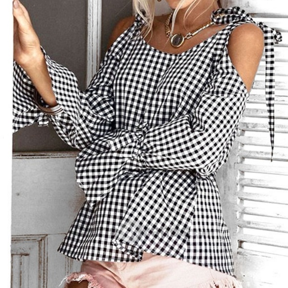 Cold Shoulder Gingham Checked Boho Peasant Blouse - Picture 3 of 4